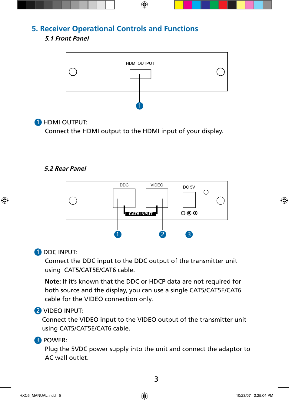 Receiver operational controls and functions | Tributaries HDMI HXC5 User Manual | Page 5 / 8