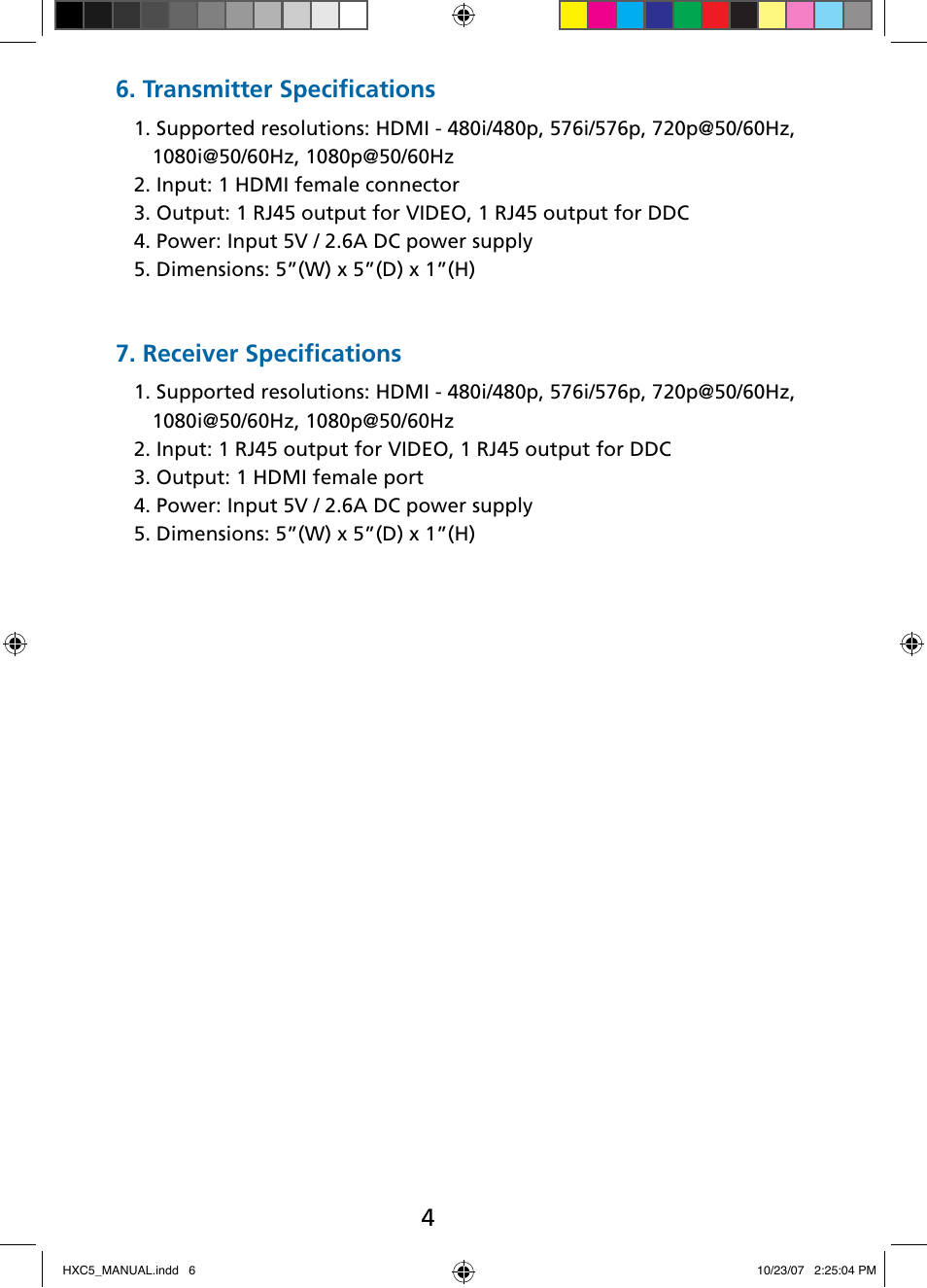 Transmitter specifications, Receiver specifications | Tributaries HDMI HXC5 User Manual | Page 6 / 8