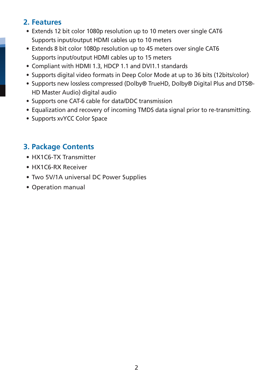 Features, Package contents | Tributaries HDMI HX1C6 User Manual | Page 3 / 8