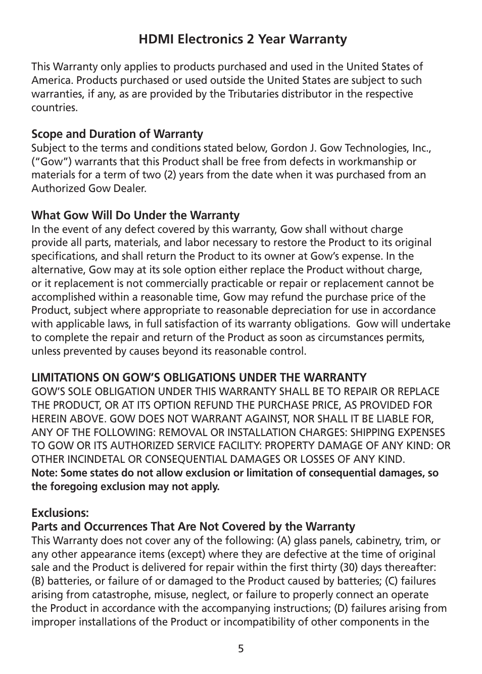 Hdmi electronics 2 year warranty | Tributaries HDMI HX1C6 User Manual | Page 6 / 8
