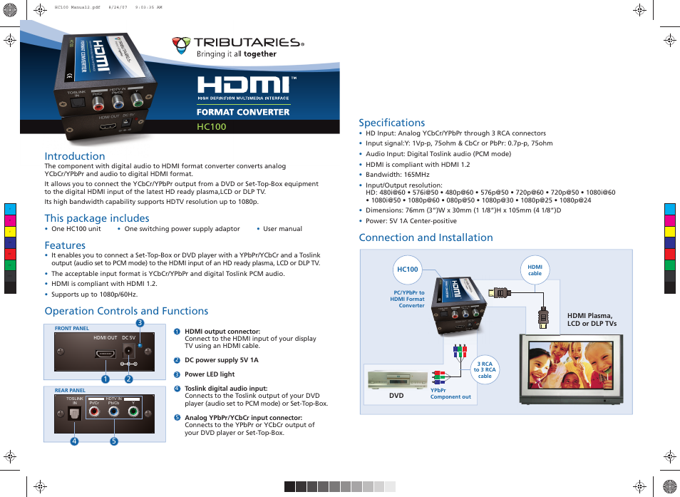 Introduction, This package includes, Features | Operation controls and functions specifications, Connection and installation, Hc100 | Tributaries HDMI HC100 User Manual | Page 2 / 2