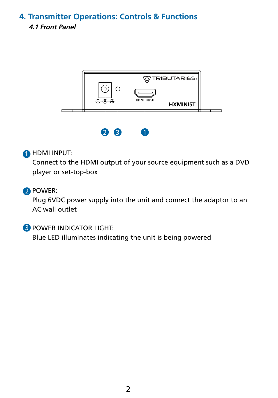Transmitter operations: controls & functions | Tributaries HDMI HXMINI5 User Manual | Page 3 / 8