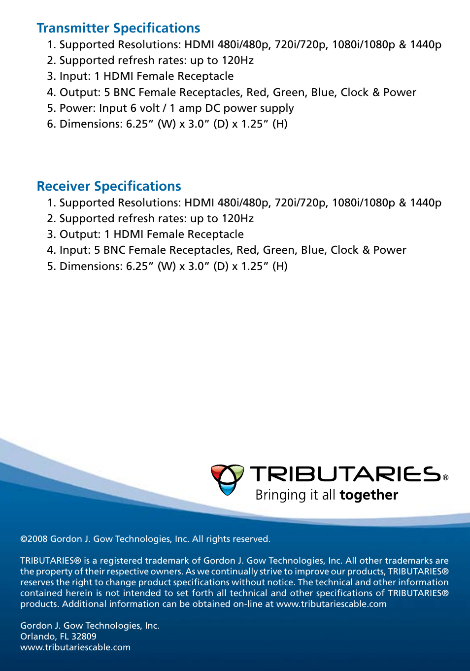 Transmitter specifications, Receiver specifications | Tributaries HDMI HXMINI5 User Manual | Page 8 / 8