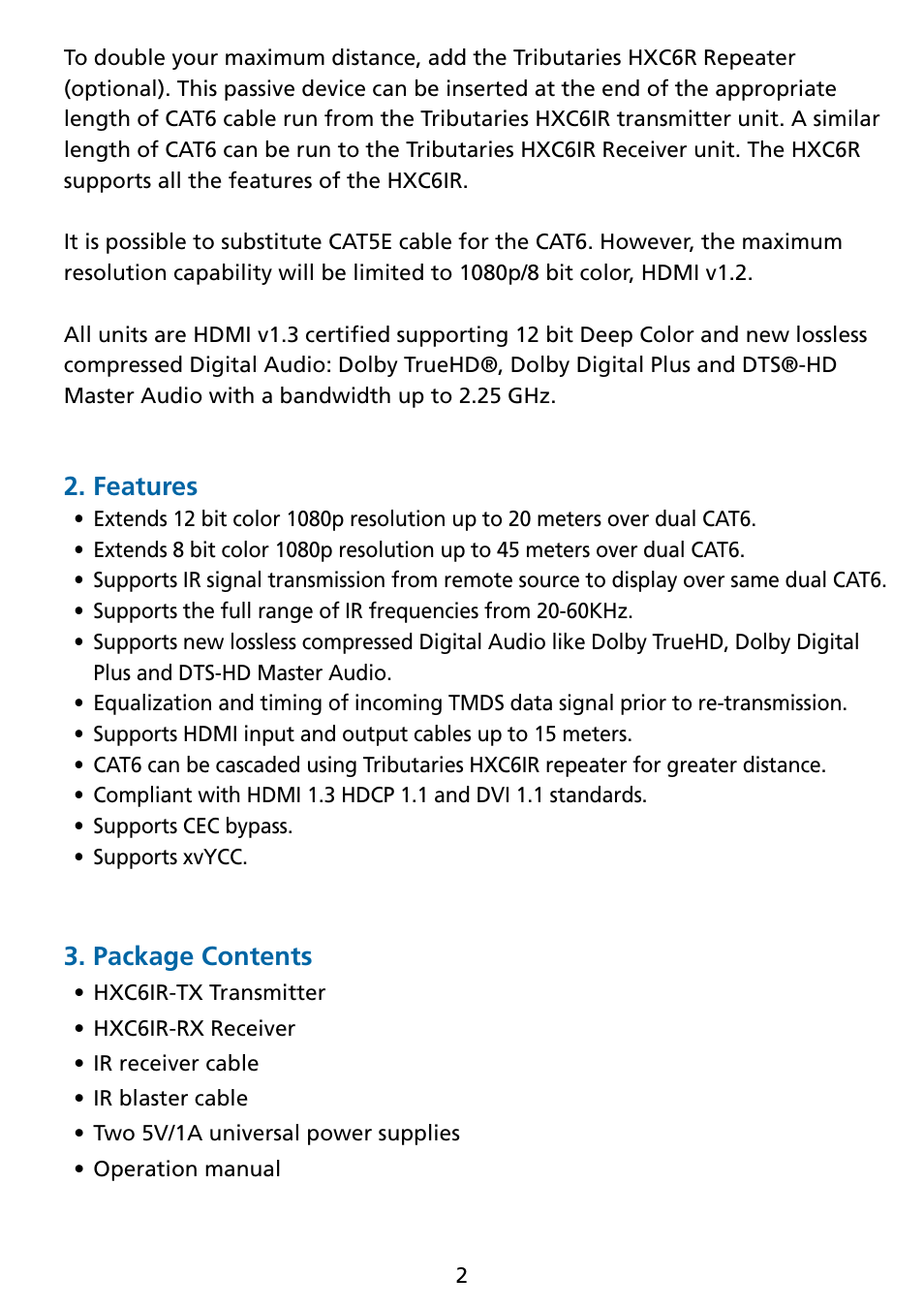Features, Package contents | Tributaries HDMI HXC6IR User Manual | Page 3 / 8