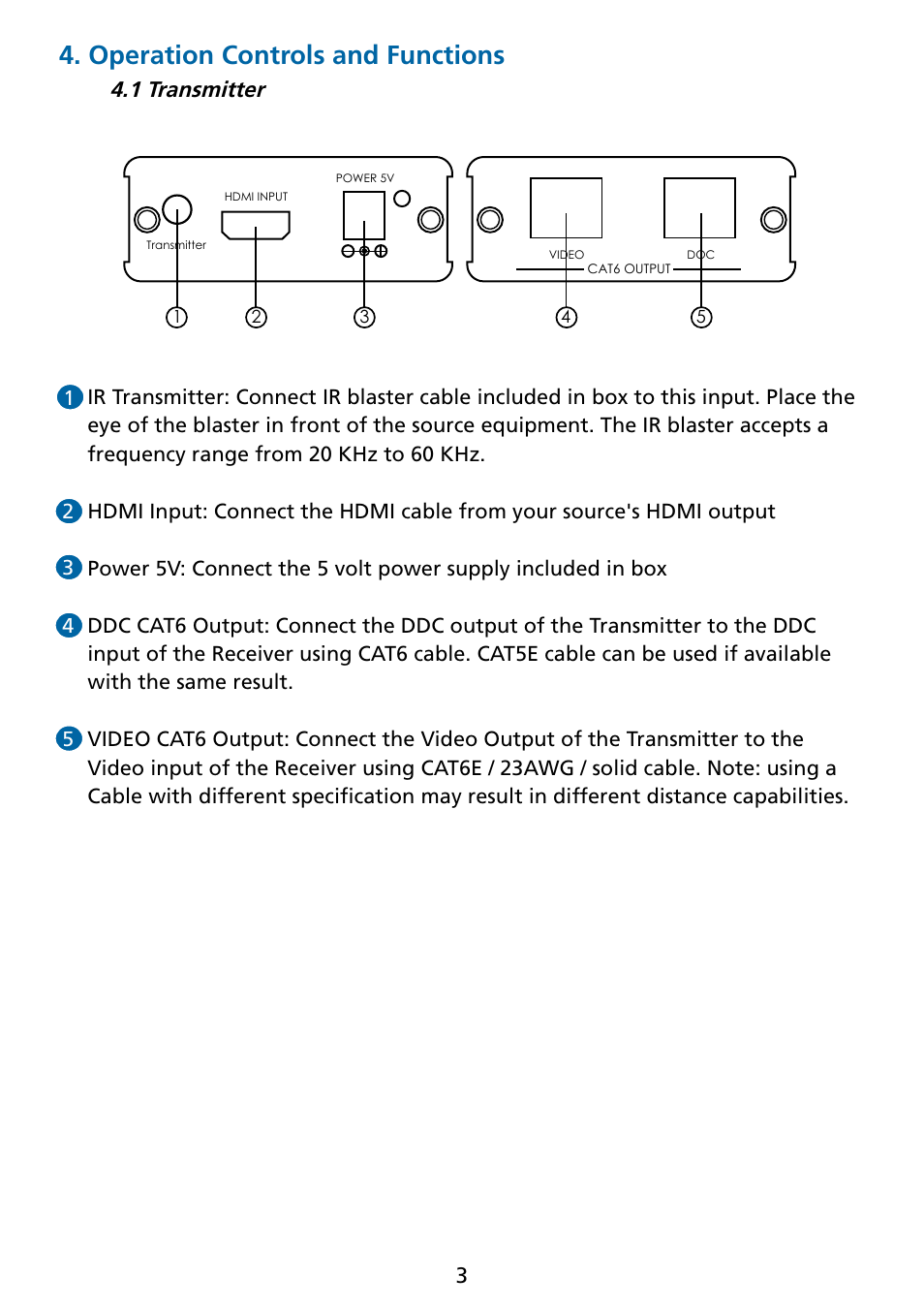 Operation controls and functions, 1 transmitter | Tributaries HDMI HXC6IR User Manual | Page 4 / 8