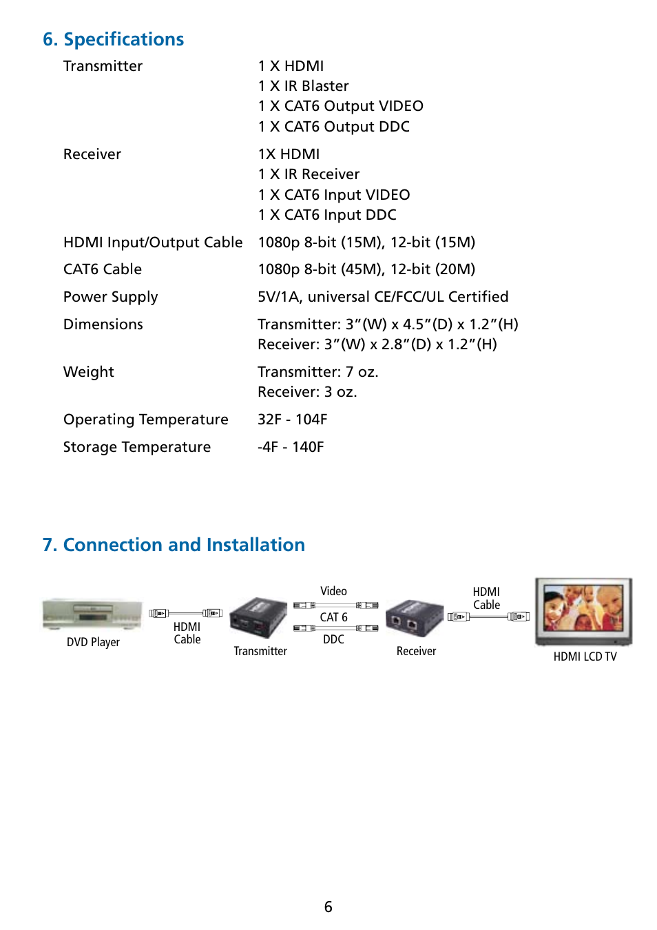 Specifications, Connection and installation | Tributaries HDMI HXC6IR User Manual | Page 7 / 8
