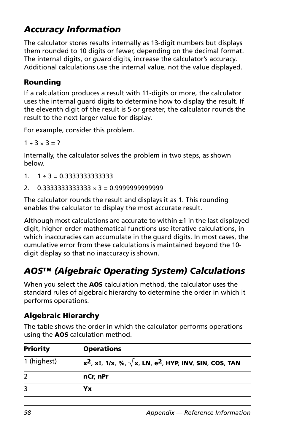 Accuracy information, Rounding, Aos™ (algebraic operating system) calculations | Algebraic hierarchy | Texas Instruments Calculator User Manual | Page 102 / 116