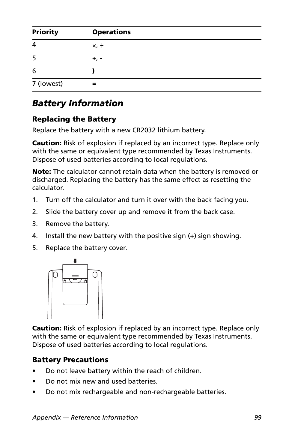 Battery information, Replacing the battery, Battery precautions | Texas Instruments Calculator User Manual | Page 103 / 116