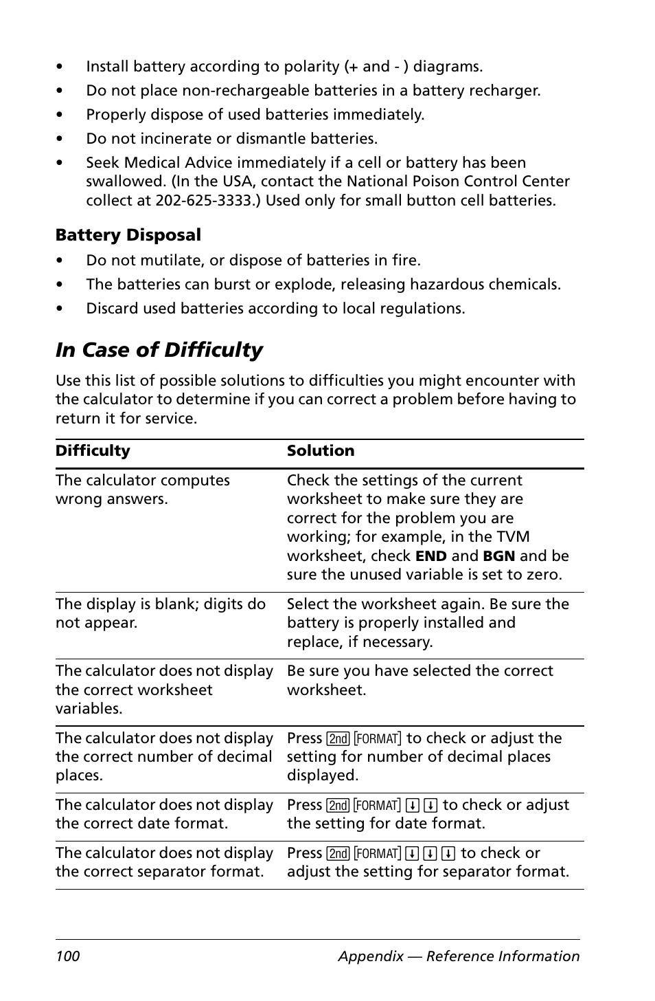 Battery disposal, In case of difficulty | Texas Instruments Calculator User Manual | Page 104 / 116