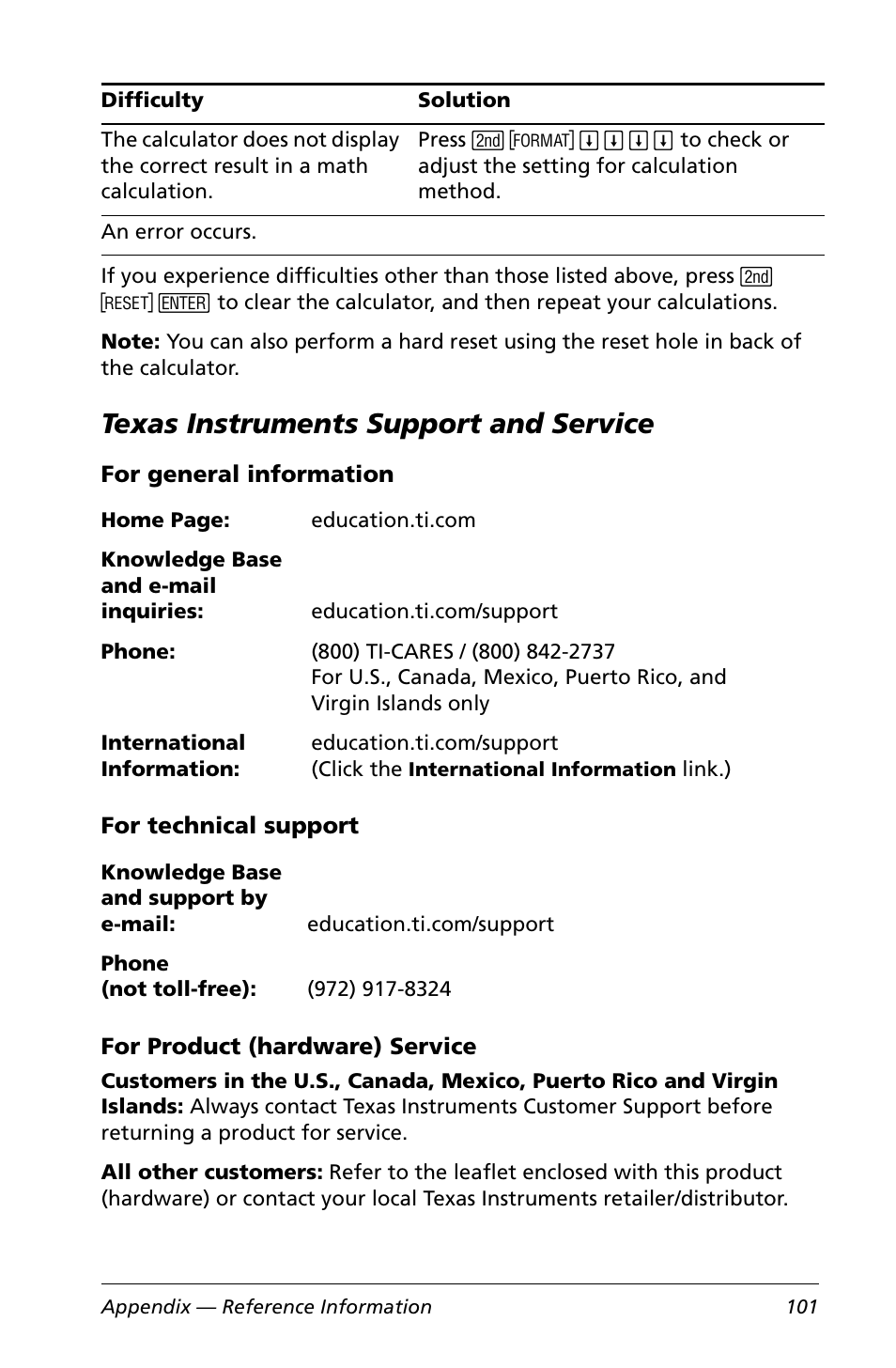 Texas instruments support and service, For general information, For technical support | For product (hardware) service | Texas Instruments Calculator User Manual | Page 105 / 116