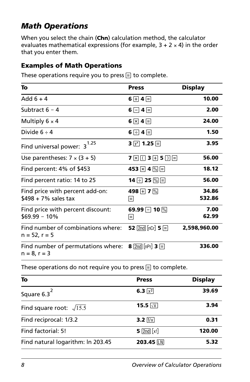 Math operations, Examples of math operations | Texas Instruments Calculator User Manual | Page 12 / 116