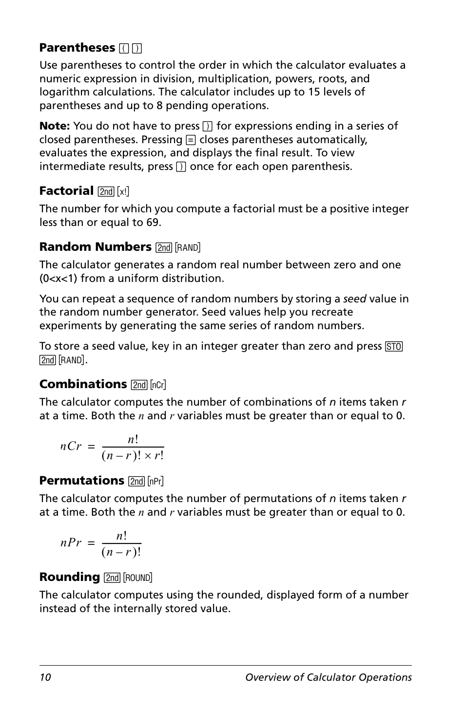 Parentheses, Factorial, Random numbers | Combinations, Permutations, Rounding | Texas Instruments Calculator User Manual | Page 14 / 116