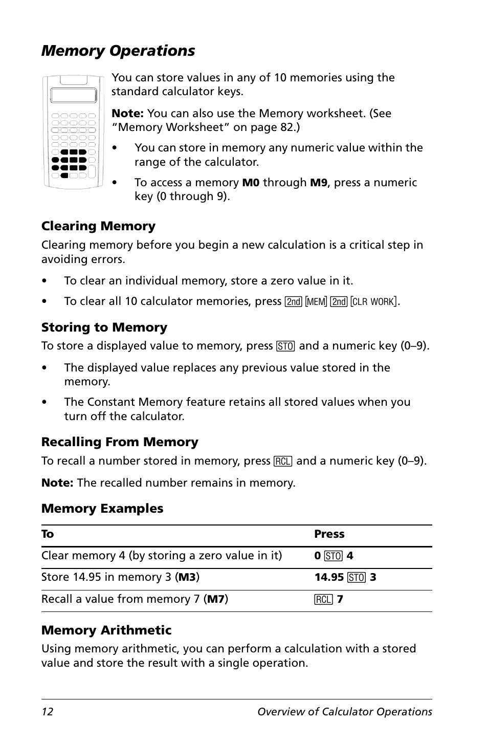 Memory operations, Clearing memory, Storing to memory | Recalling from memory, Memory examples, Memory arithmetic | Texas Instruments Calculator User Manual | Page 16 / 116