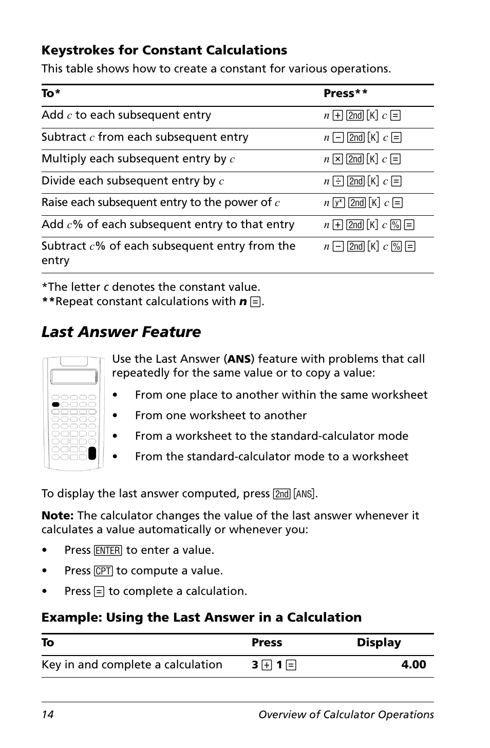 Keystrokes for constant calculations, Last answer feature, Example: using the last answer in a calculation | Texas Instruments Calculator User Manual | Page 18 / 116