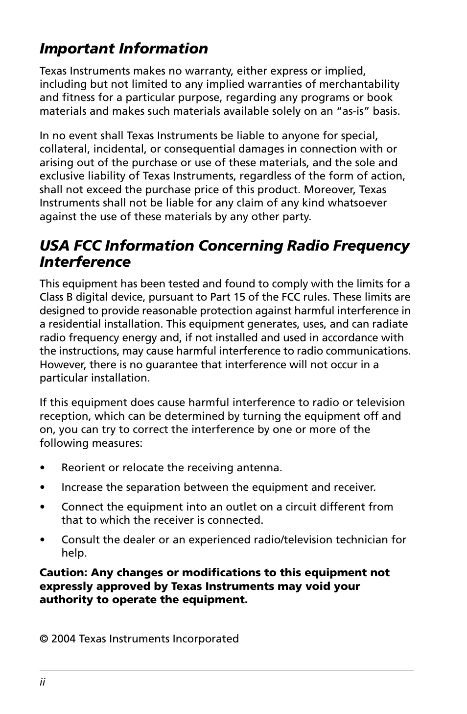 Front matter, Important information | Texas Instruments Calculator User Manual | Page 2 / 116