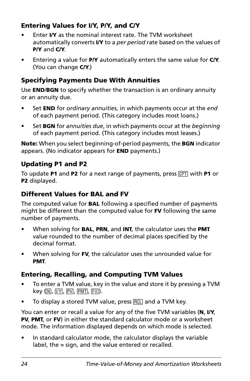 Entering values for i/y, p/y, and c/y, Specifying payments due with annuities, Updating p1 and p2 | Different values for bal and fv, Entering, recalling, and computing tvm values | Texas Instruments Calculator User Manual | Page 28 / 116