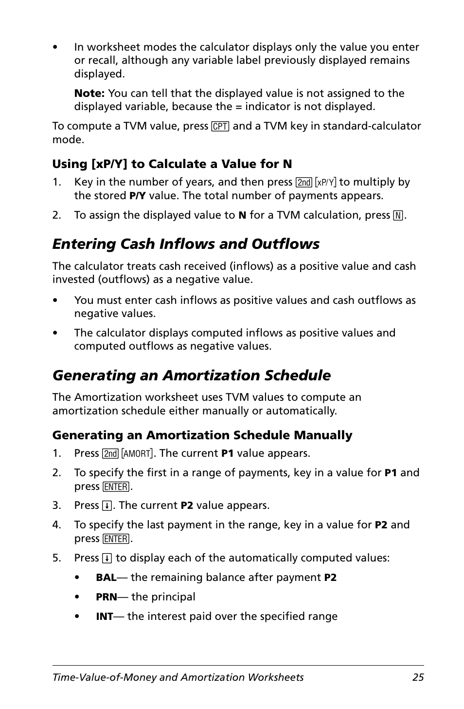 Using [xp/y] to calculate a value for n, Entering cash inflows and outflows, Generating an amortization schedule | Generating an amortization schedule manually | Texas Instruments Calculator User Manual | Page 29 / 116