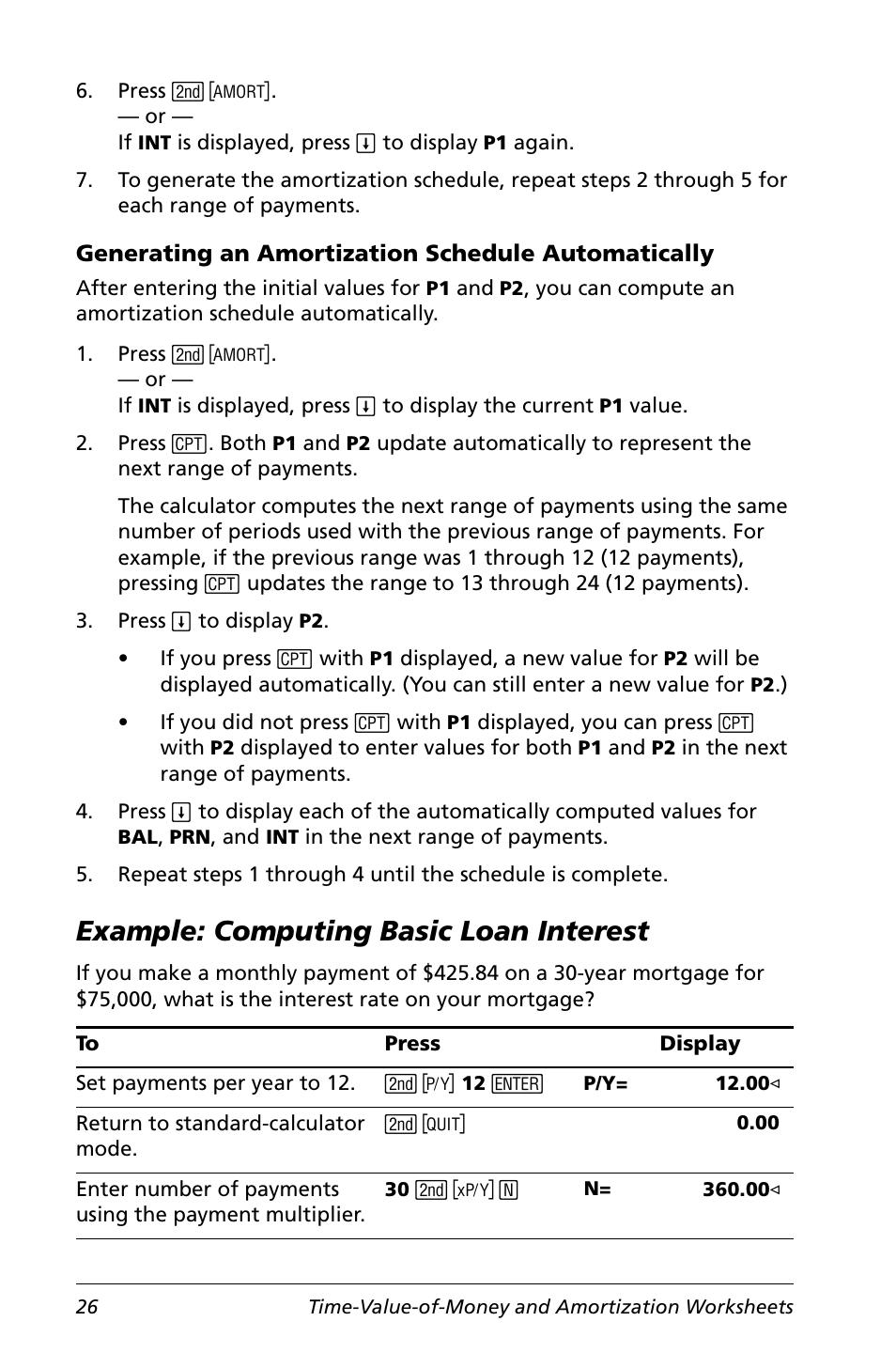 Generating an amortization schedule automatically, Example: computing basic loan interest | Texas Instruments Calculator User Manual | Page 30 / 116