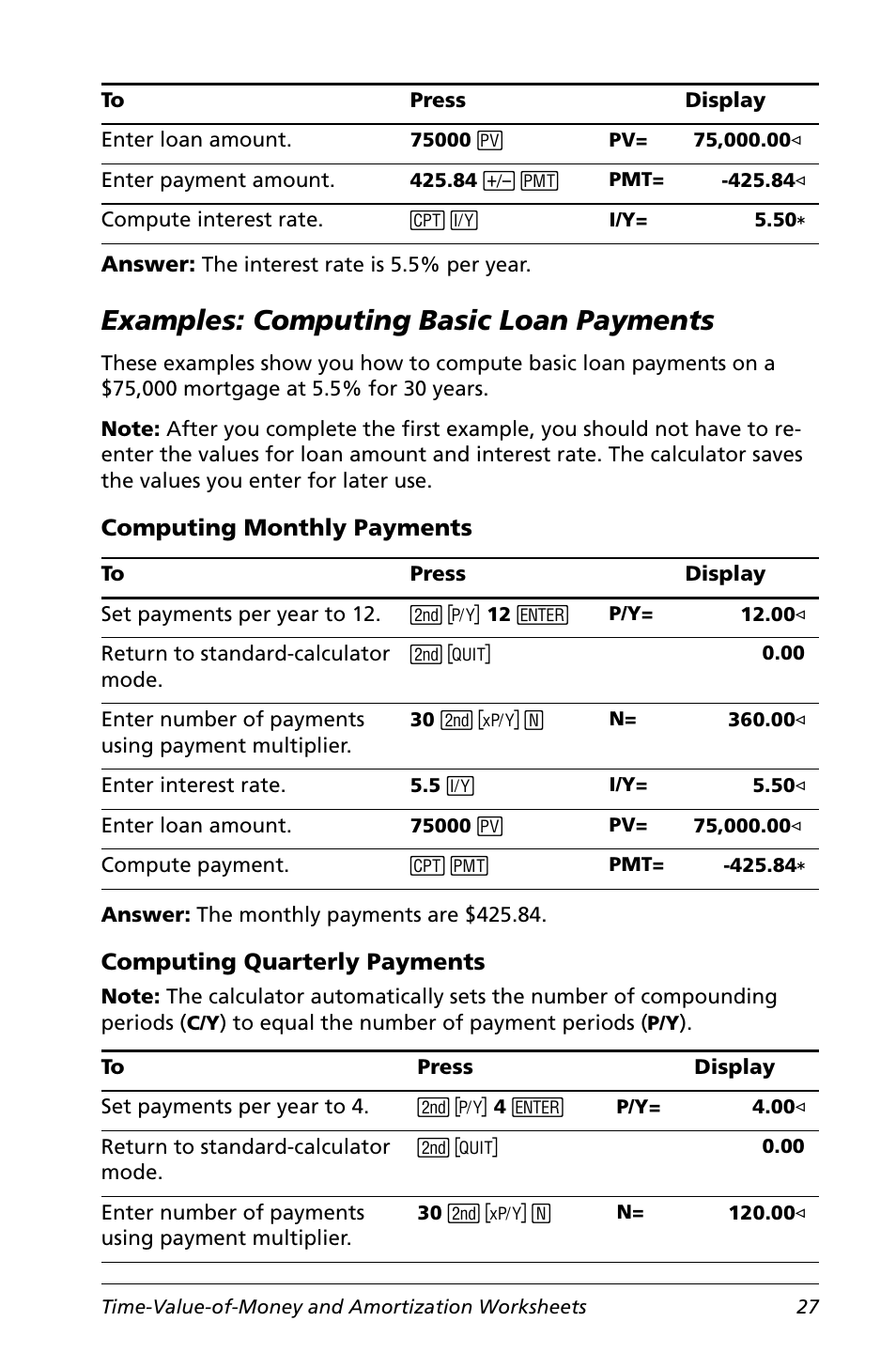 Examples: computing basic loan payments, Computing monthly payments, Computing quarterly payments | Texas Instruments Calculator User Manual | Page 31 / 116