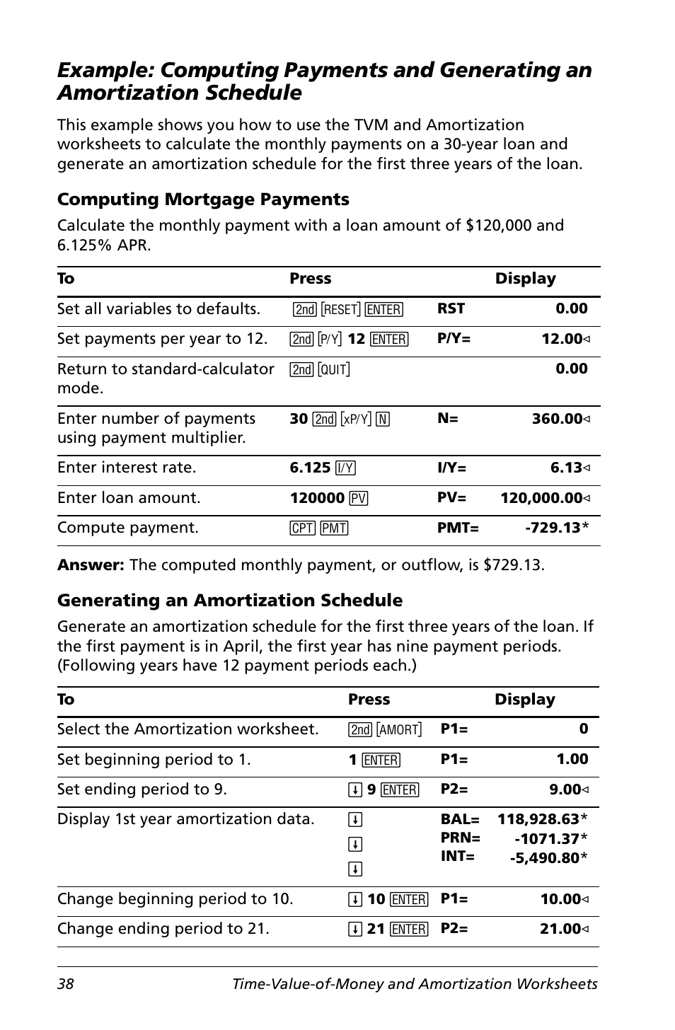 Computing mortgage payments, Generating an amortization schedule, Example: computing payments and generating an | Amortization schedule | Texas Instruments Calculator User Manual | Page 42 / 116