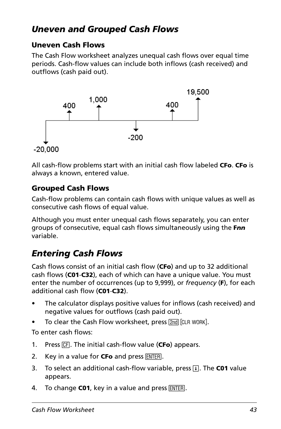 Uneven and grouped cash flows, Uneven cash flows, Grouped cash flows | Entering cash flows, Uneven and grouped cash flows entering cash flows | Texas Instruments Calculator User Manual | Page 47 / 116