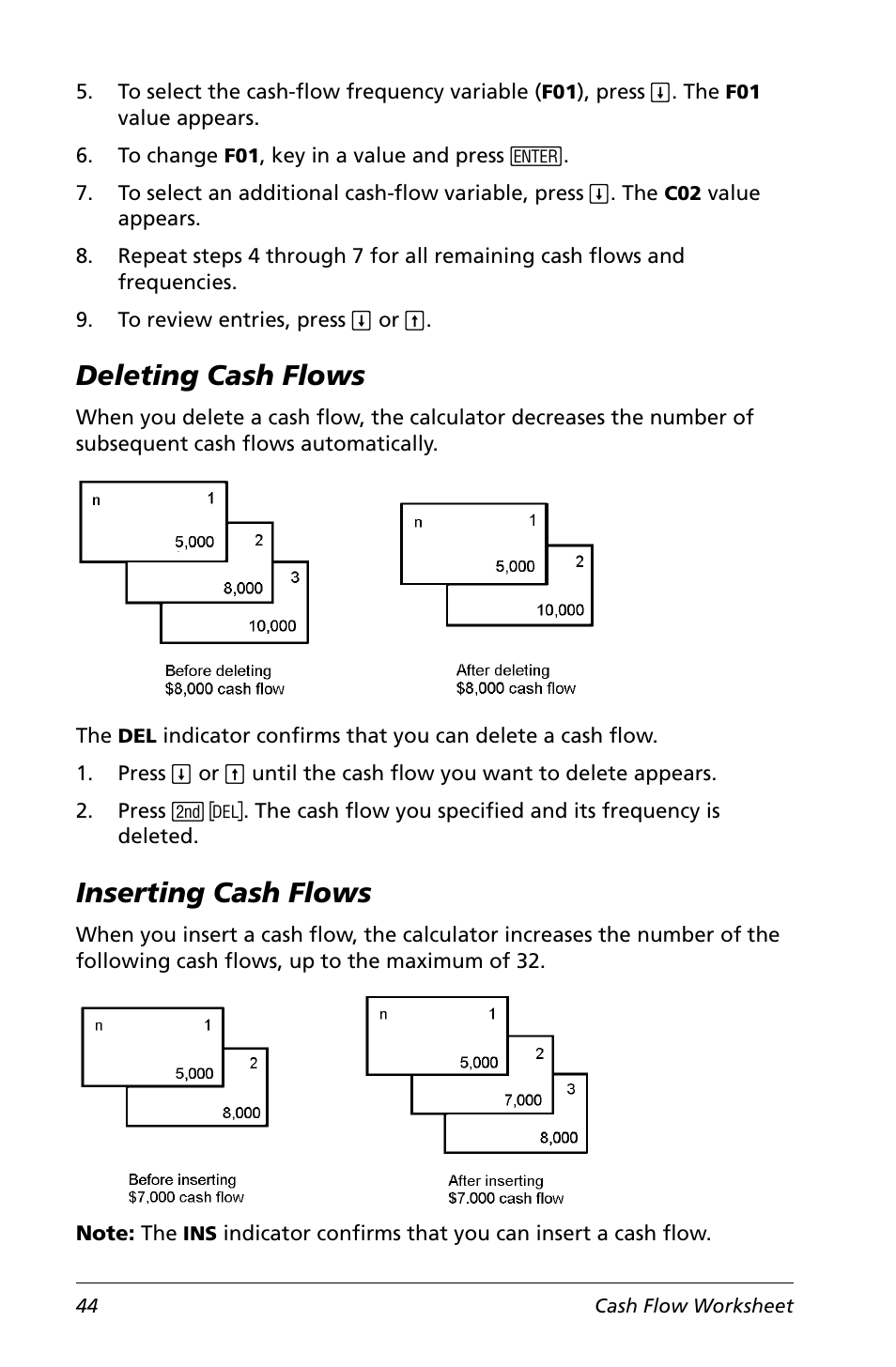 Deleting cash flows, Inserting cash flows, Deleting cash flows inserting cash flows | Texas Instruments Calculator User Manual | Page 48 / 116