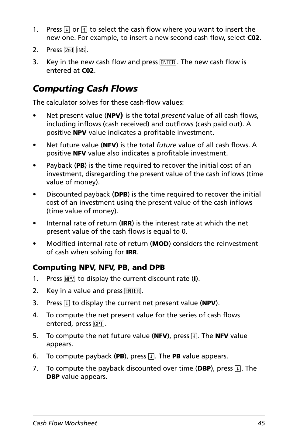 Computing cash flows, Computing npv, nfv, pb, and dpb | Texas Instruments Calculator User Manual | Page 49 / 116