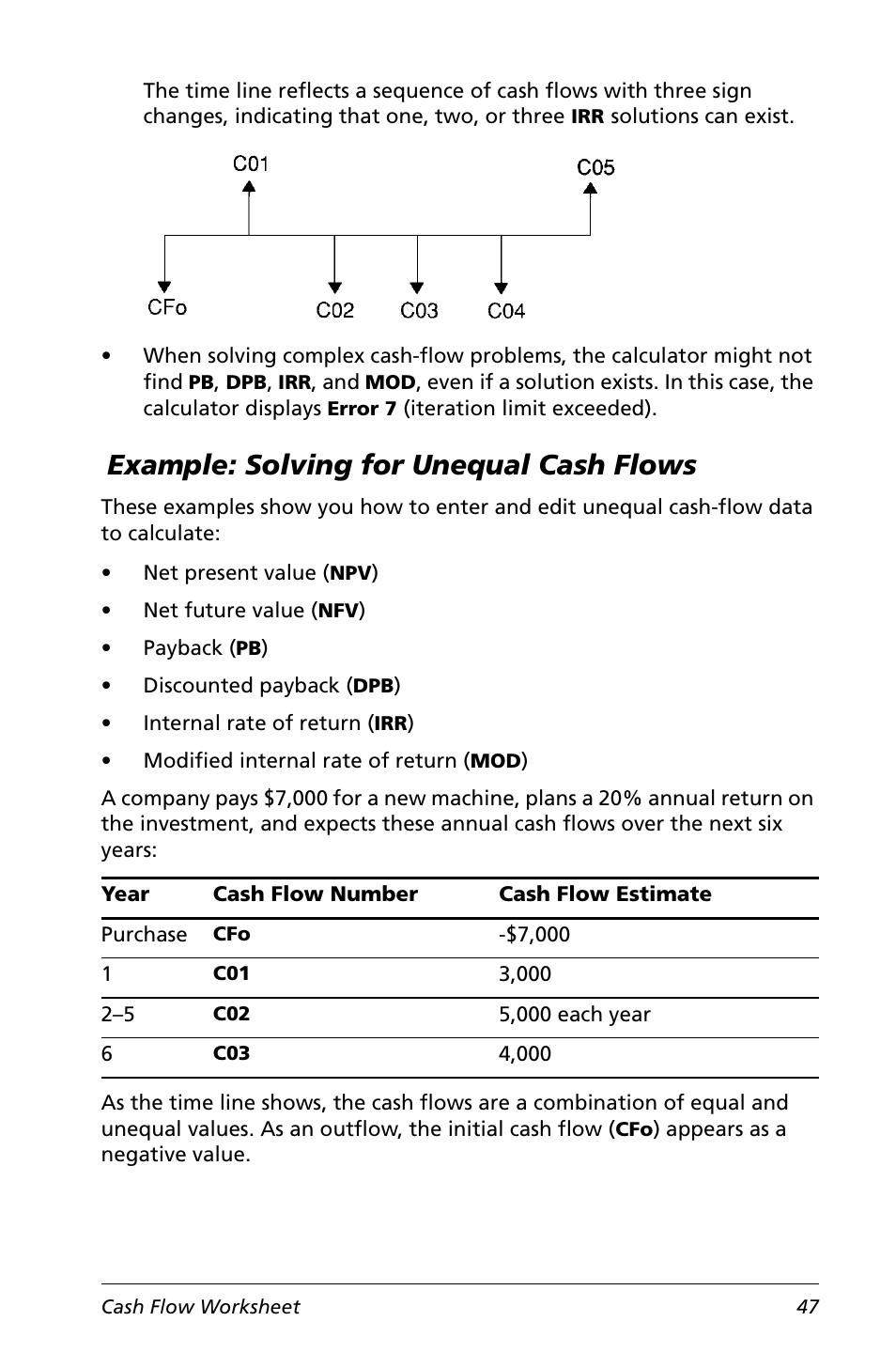 Example: solving for unequal cash flows | Texas Instruments Calculator User Manual | Page 51 / 116