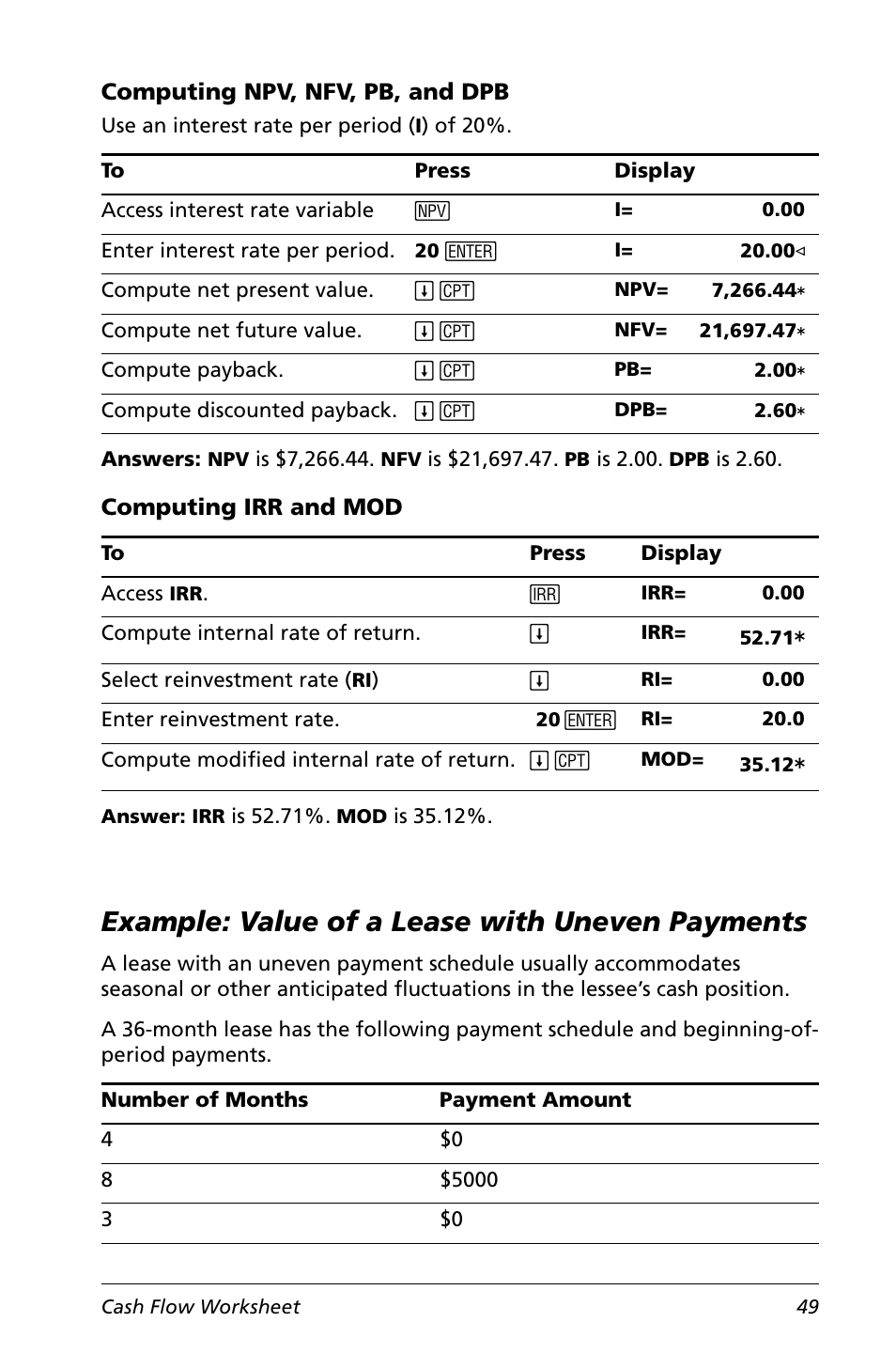 Computing npv, nfv, pb, and dpb, Computing irr and mod, Example: value of a lease with uneven payments | Texas Instruments Calculator User Manual | Page 53 / 116