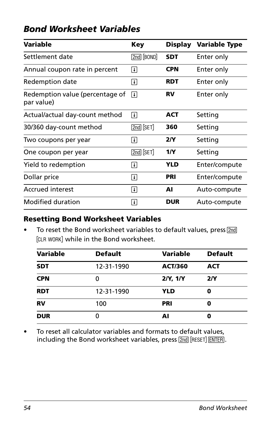 Bond worksheet variables, Resetting bond worksheet variables | Texas Instruments Calculator User Manual | Page 58 / 116