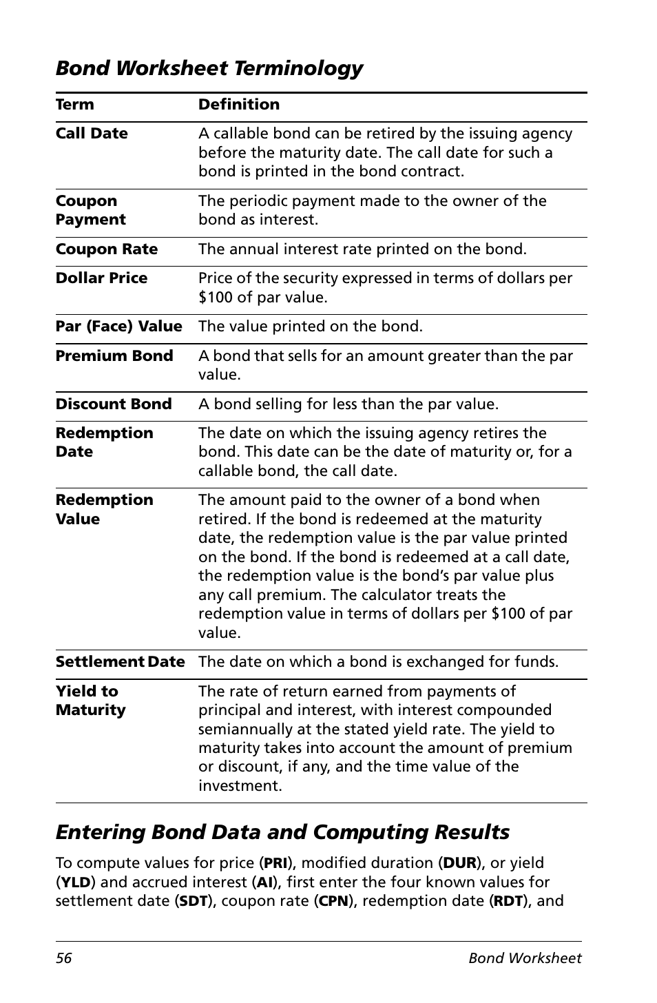 Bond worksheet terminology, Entering bond data and computing results | Texas Instruments Calculator User Manual | Page 60 / 116