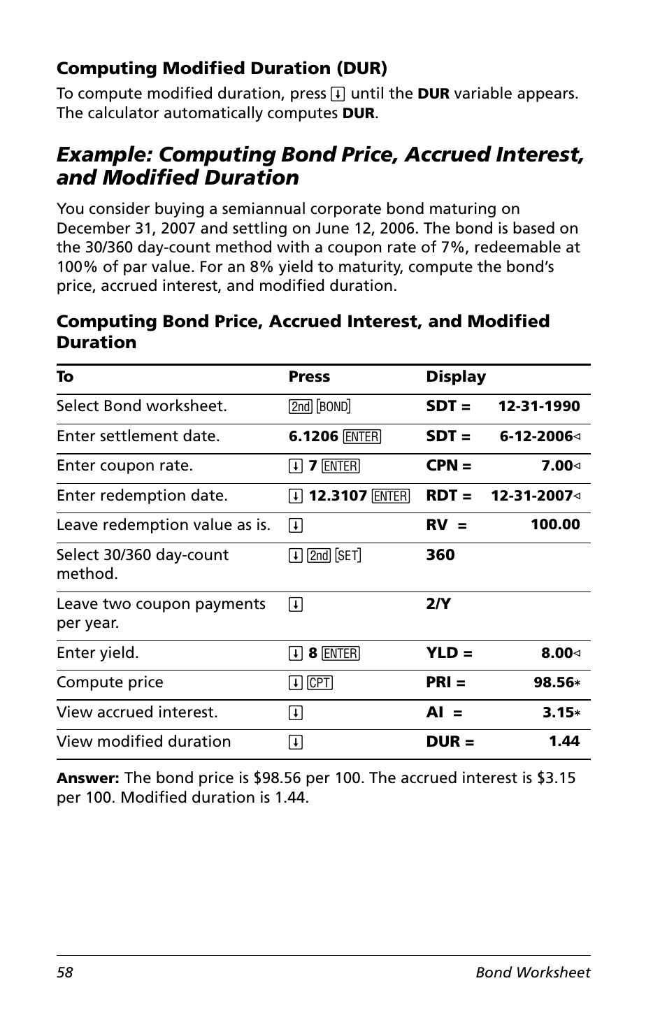 Computing modified duration (dur), Modified duration | Texas Instruments Calculator User Manual | Page 62 / 116
