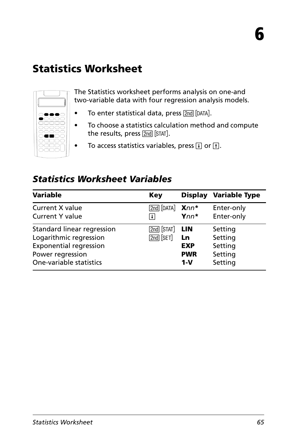 6 statistics worksheet, Statistics worksheet variables, Statistics worksheet | Texas Instruments Calculator User Manual | Page 69 / 116