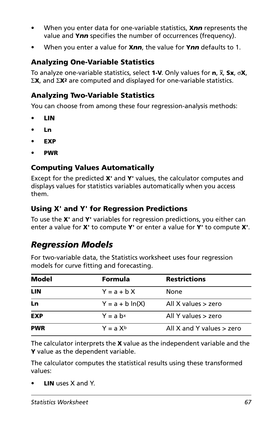 Analyzing one-variable statistics, Analyzing two-variable statistics, Computing values automatically | Using x' and y' for regression predictions, Regression models | Texas Instruments Calculator User Manual | Page 71 / 116