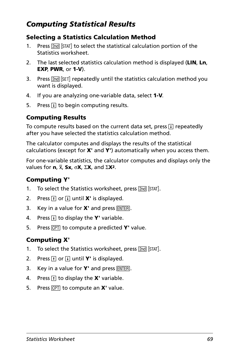 Computing statistical results, Selecting a statistics calculation method, Computing results | Computing y, Computing x | Texas Instruments Calculator User Manual | Page 73 / 116