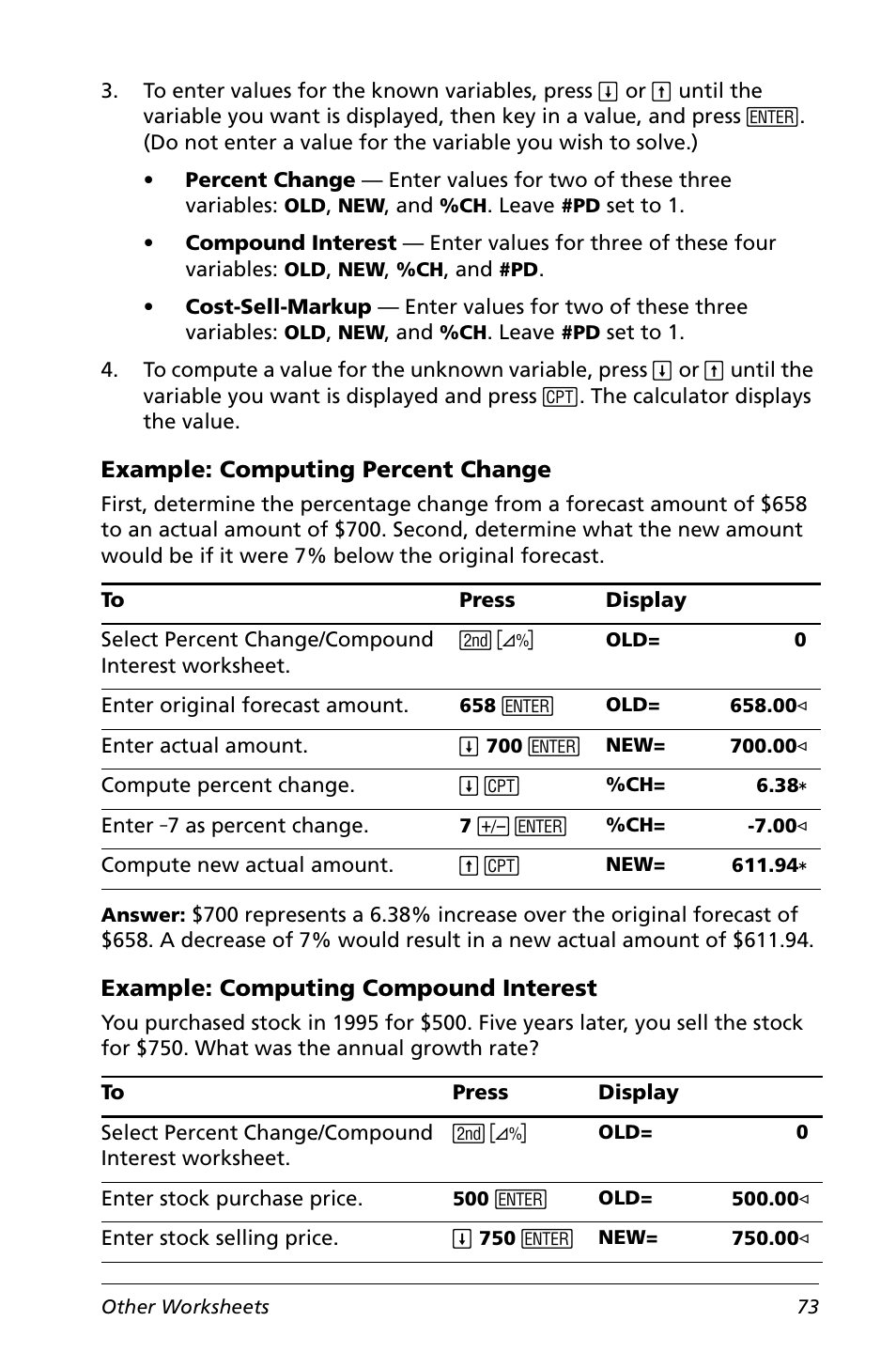 Example: computing percent change, Example: computing compound interest | Texas Instruments Calculator User Manual | Page 77 / 116