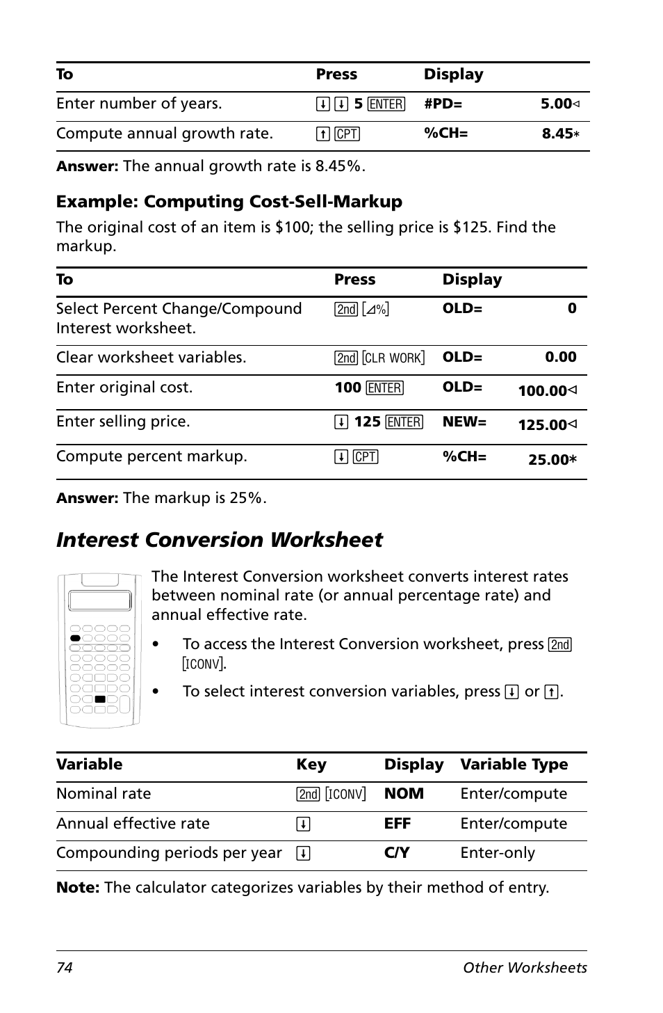 Example: computing cost-sell-markup, Interest conversion worksheet | Texas Instruments Calculator User Manual | Page 78 / 116
