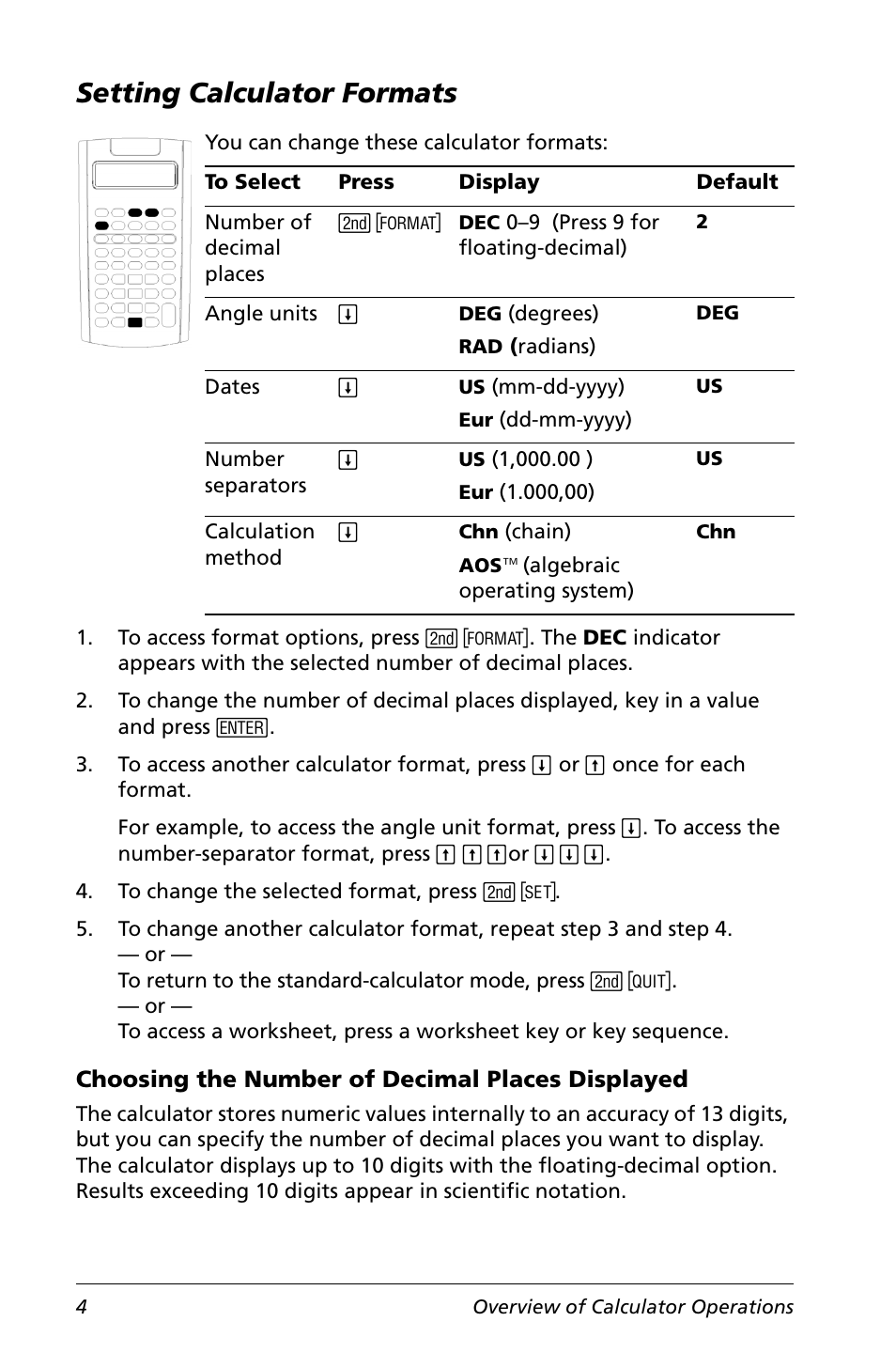 Setting calculator formats, Choosing the number of decimal places displayed | Texas Instruments Calculator User Manual | Page 8 / 116