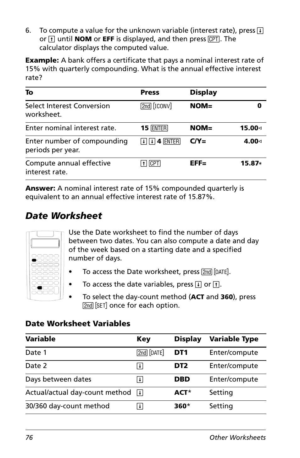Date worksheet, Date worksheet variables | Texas Instruments Calculator User Manual | Page 80 / 116