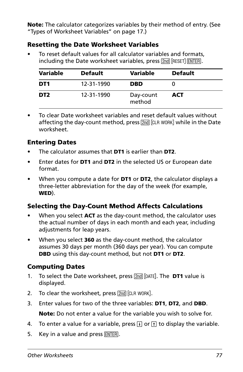 Resetting the date worksheet variables, Entering dates, Computing dates | Texas Instruments Calculator User Manual | Page 81 / 116