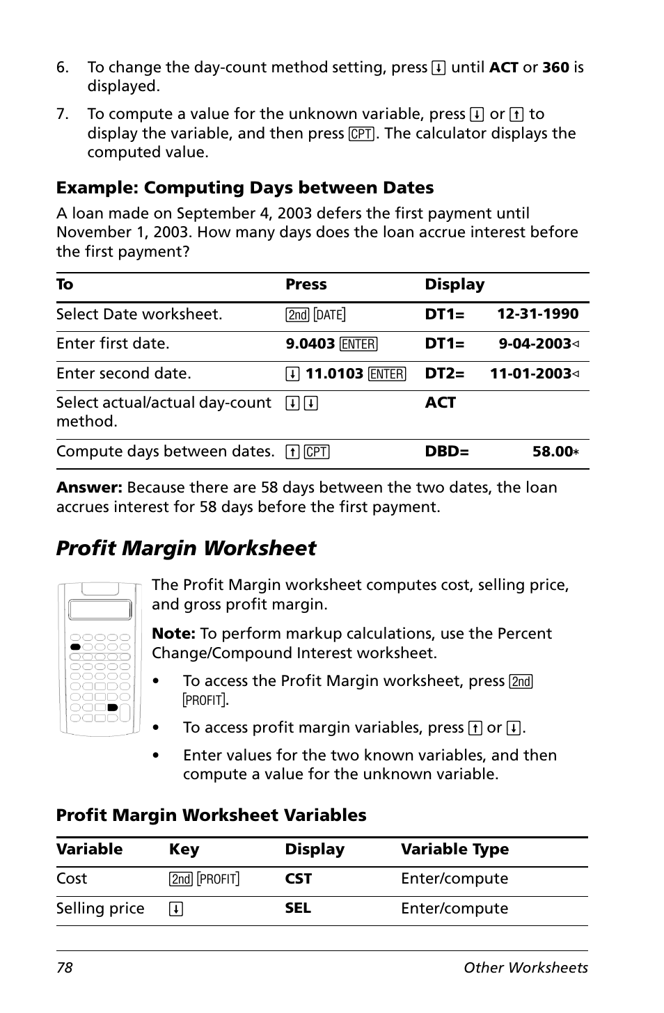 Example: computing days between dates, Profit margin worksheet, Profit margin worksheet variables | Texas Instruments Calculator User Manual | Page 82 / 116