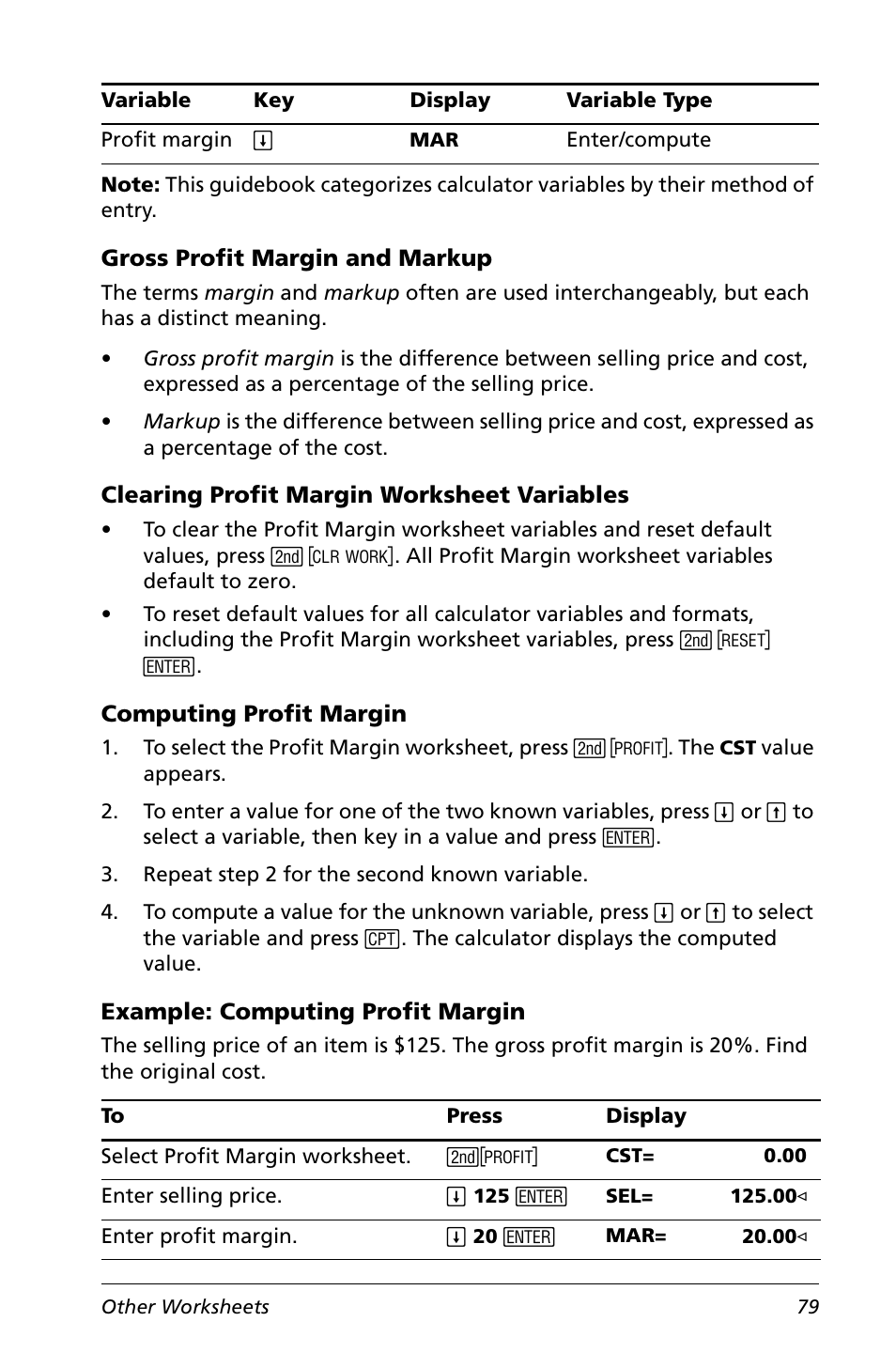 Gross profit margin and markup, Clearing profit margin worksheet variables, Computing profit margin | Example: computing profit margin | Texas Instruments Calculator User Manual | Page 83 / 116
