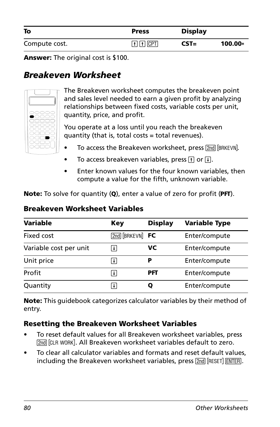 Breakeven worksheet, Breakeven worksheet variables, Resetting the breakeven worksheet variables | Texas Instruments Calculator User Manual | Page 84 / 116