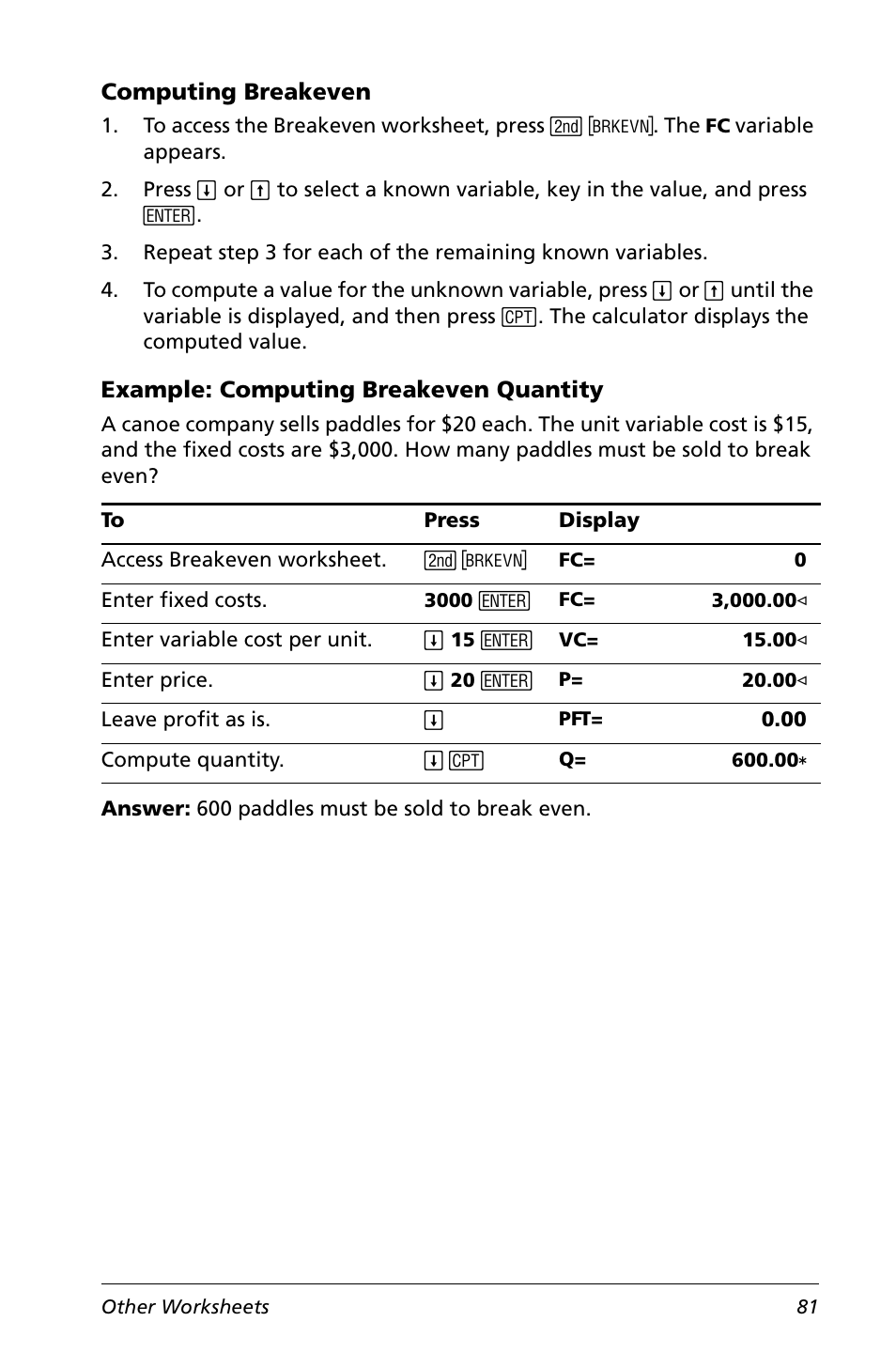 Computing breakeven, Example: computing breakeven quantity | Texas Instruments Calculator User Manual | Page 85 / 116