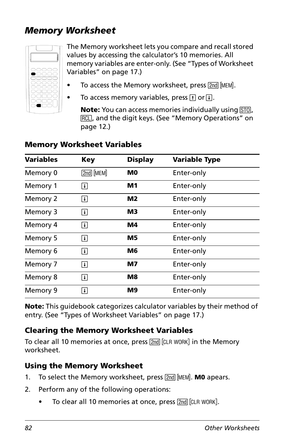 Memory worksheet, Memory worksheet variables, Clearing the memory worksheet variables | Using the memory worksheet | Texas Instruments Calculator User Manual | Page 86 / 116
