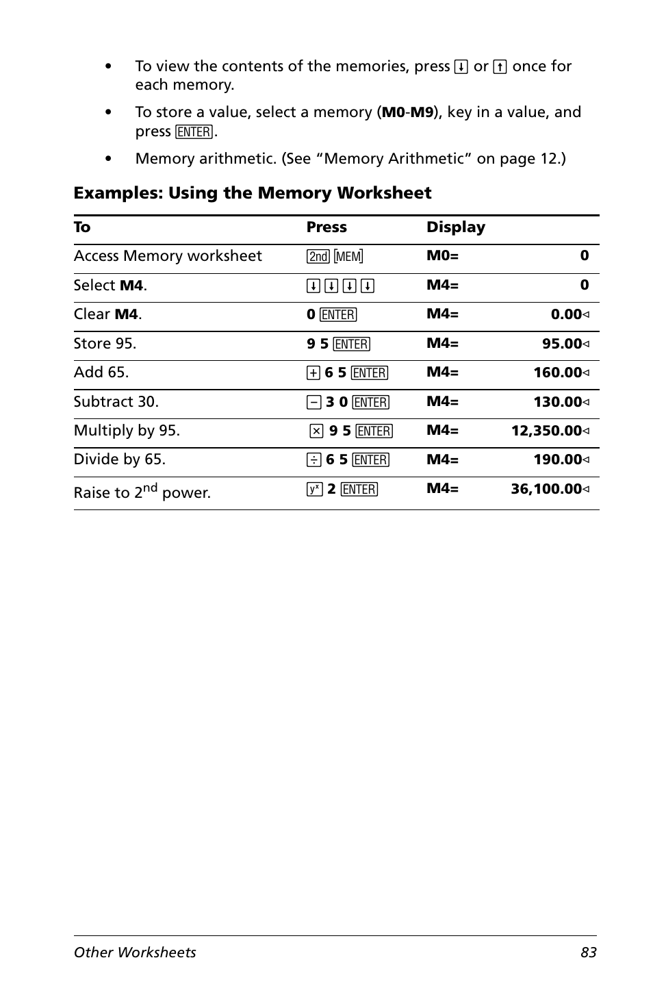 Examples: using the memory worksheet | Texas Instruments Calculator User Manual | Page 87 / 116