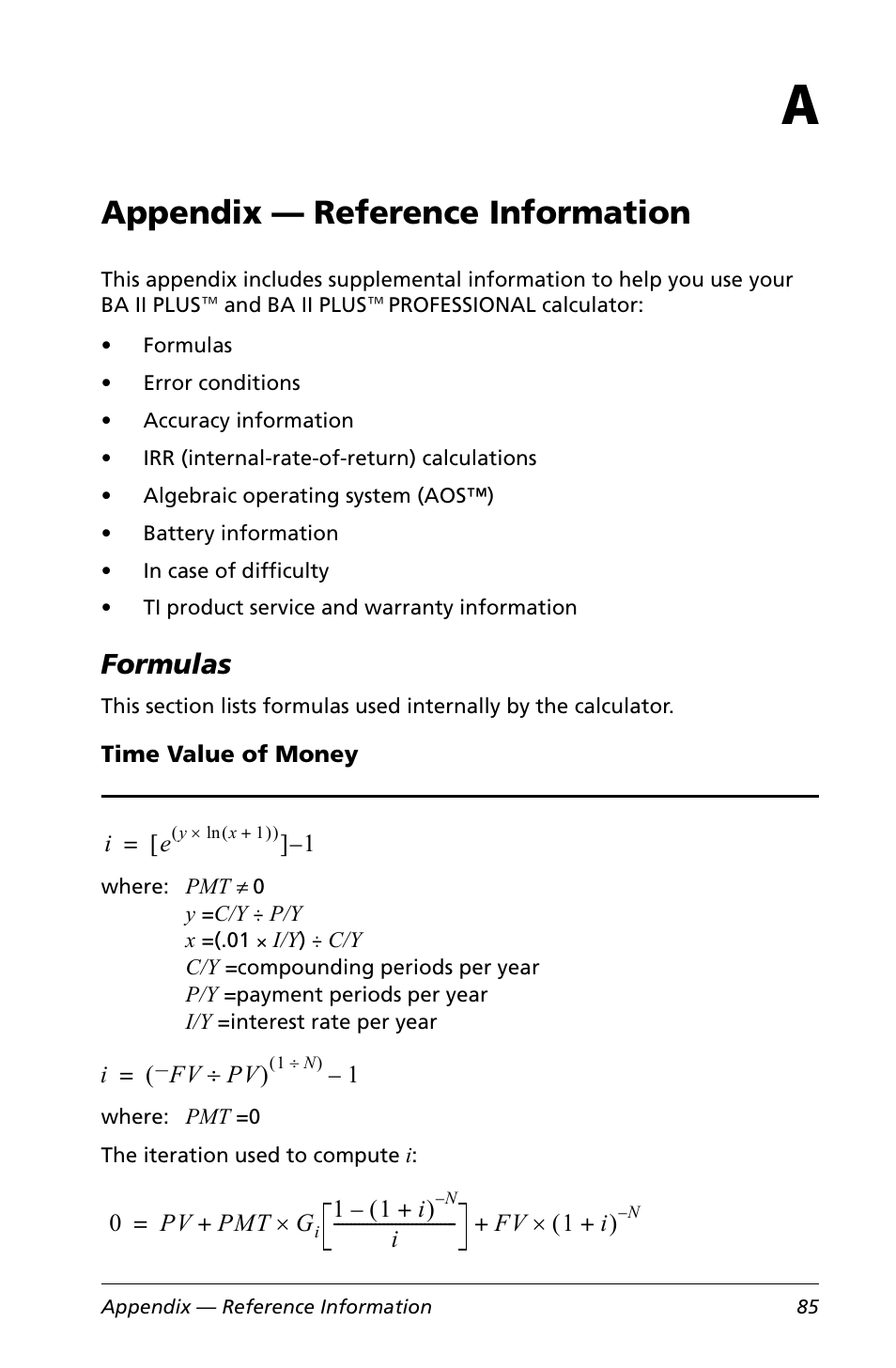 A appendix - reference information, Formulas, Time value of money | Appendix — reference information | Texas Instruments Calculator User Manual | Page 89 / 116