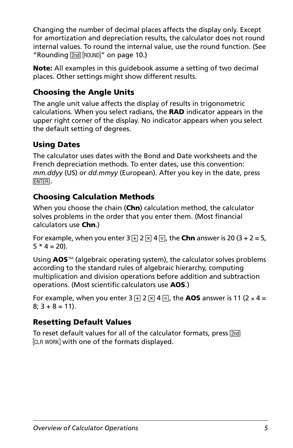 Choosing the angle units, Using dates, Choosing calculation methods | Resetting default values | Texas Instruments Calculator User Manual | Page 9 / 116