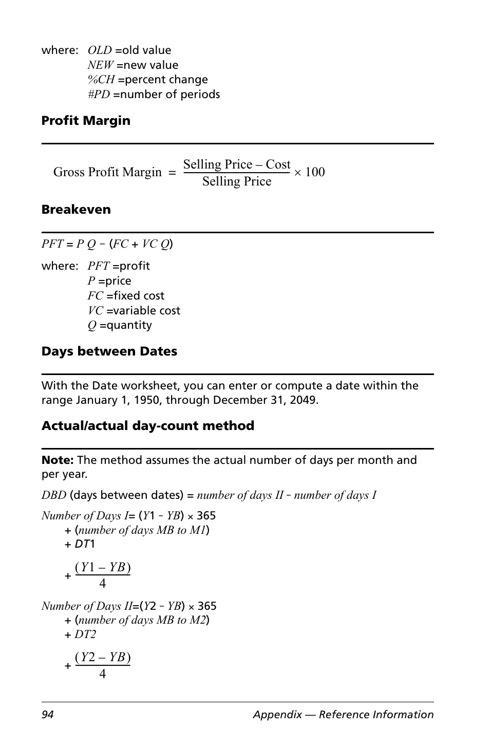 Profit margin, Breakeven, Days between dates | Actual/actual day-count method | Texas Instruments Calculator User Manual | Page 98 / 116