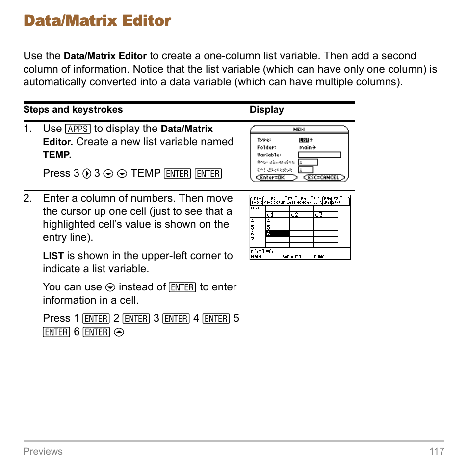 Data/matrix editor | Texas Instruments TITANIUM TI-89 User Manual | Page 117 / 1008